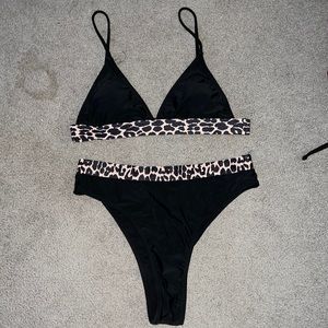 Bikini top and bottom with leopard print band